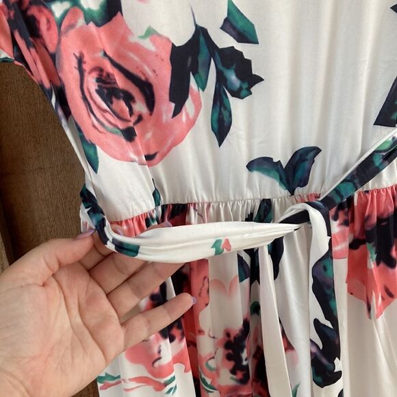 White Pink Short Sleeve Floral Maxi Dress w/removable tie - Picture 4 of 6